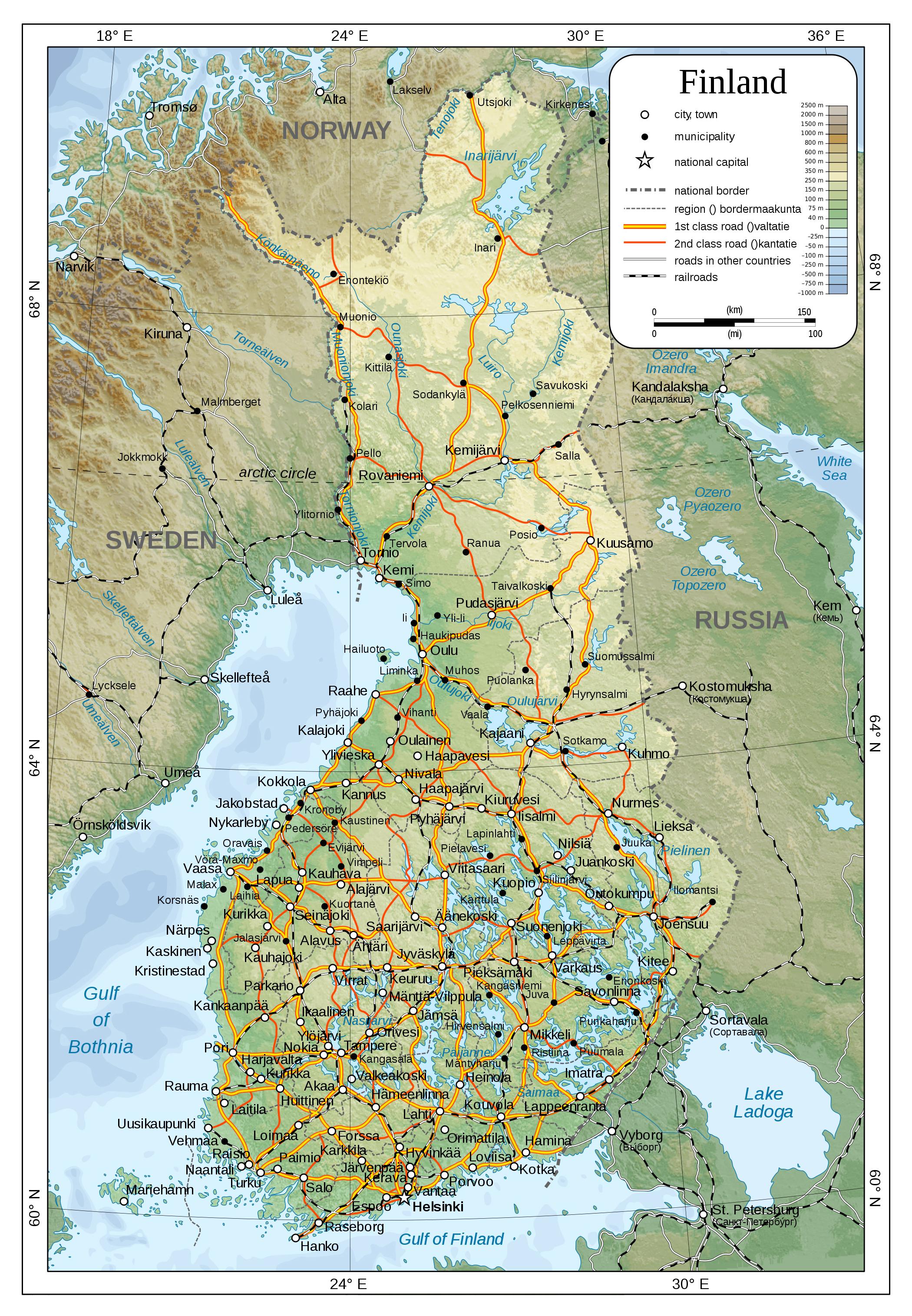 Physical map of Finland - Map of physical Finland (Northern Europe - Europe)